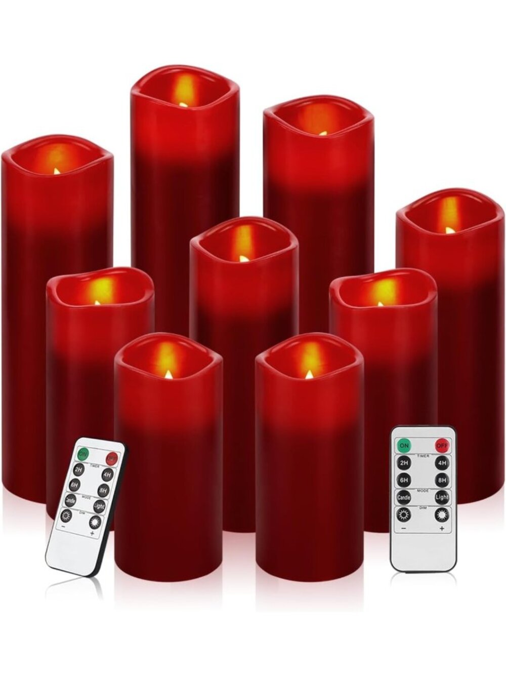 Set of 9 Flameless LED Candles - Burgundy Real Wax, Remote Timer, Various